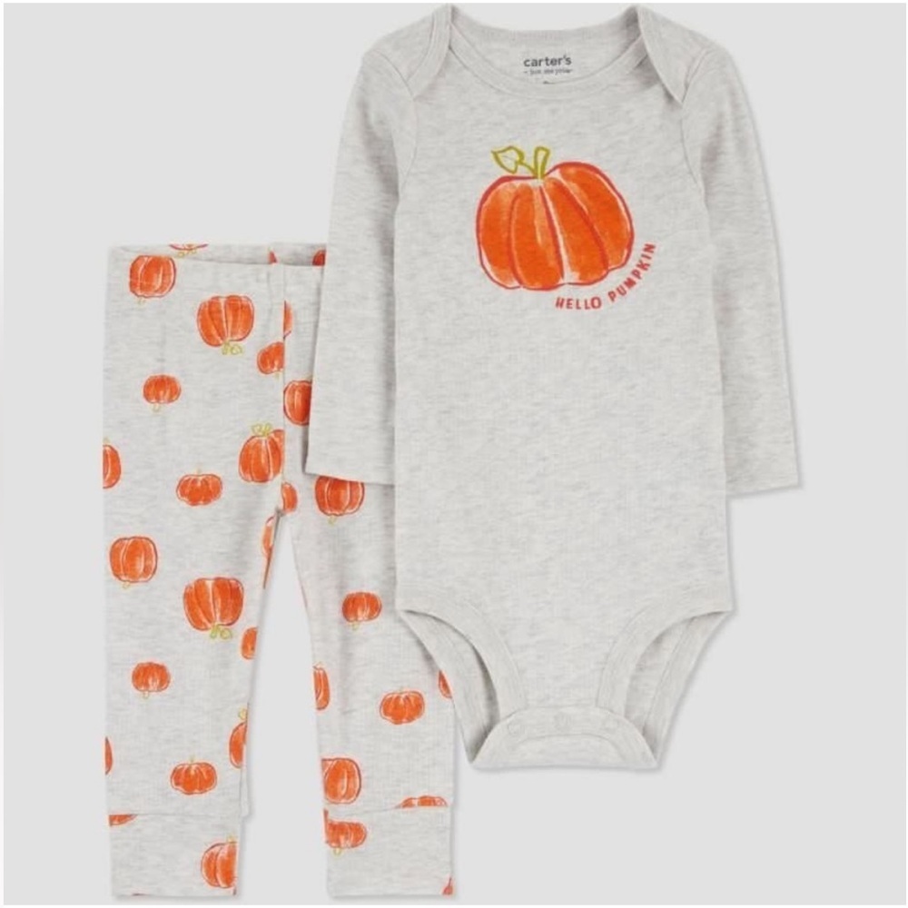 CARTER’S “HELLO PUMPKIN” 2 PC SET- GRAY VARIOUS SIZES (NEW WITH TAGS) A6